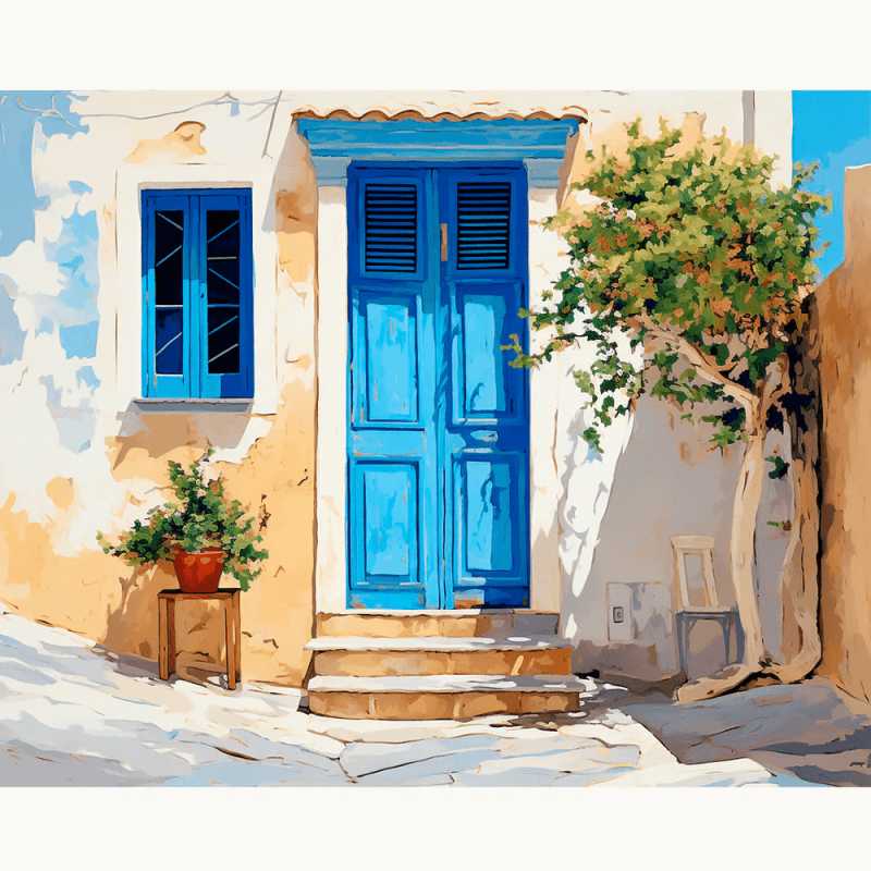 Azure Escape Paint By Numbers painting featuring a vibrant blue Mediterranean-style door with surrounding warm-toned walls, potted plants, and gentle shadows
