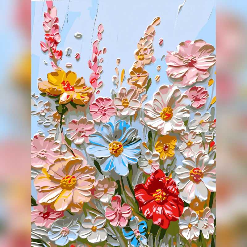 Bloom Rhapsody Paint By Numbers kit featuring vivid white, pink, yellow, red, and blue 3D textured flowers in a lively pastel scene, perfect for Canadian artists.