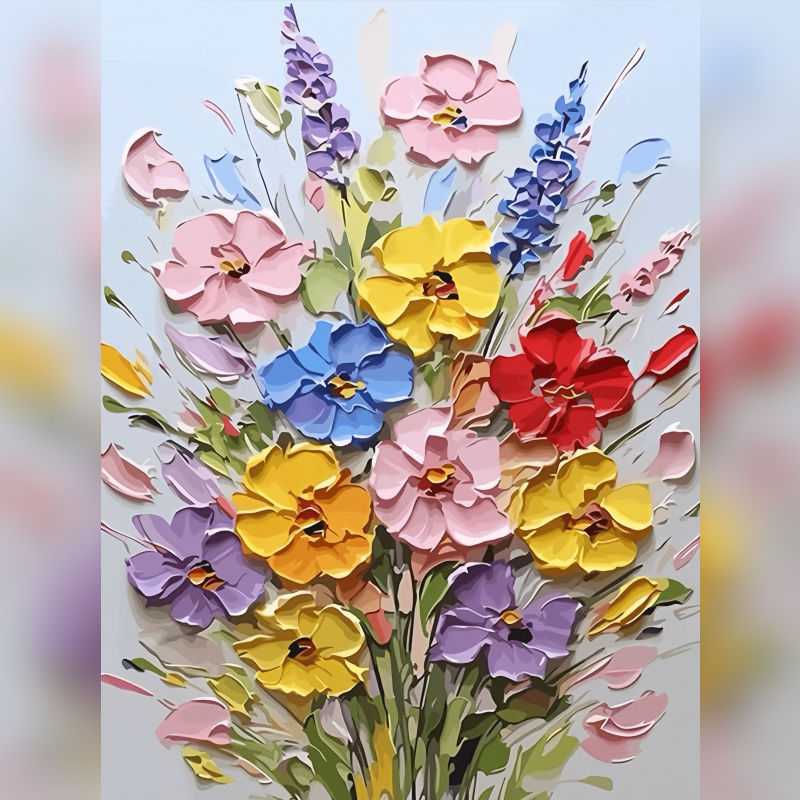Blossom Jubilee Paint By Numbers kit showcasing vibrant yellow, pink, purple, red, and blue textured flowers blooming joyfully against a pastel background, perfect for Canadian artists."