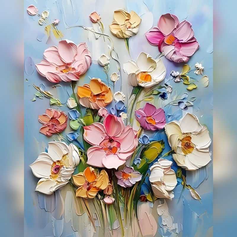 Blossom Symphony 3D Flowers Paint By Numbers painting featuring layered pastel pink, yellow, ivory, and violet flowers with sculpted texture on a soft blue background.