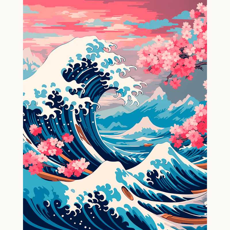 Blossom Waves Paint By Numbers artwork featuring crashing blue waves inspired by Japanese art, pink cherry blossoms, and distant snowy mountains.