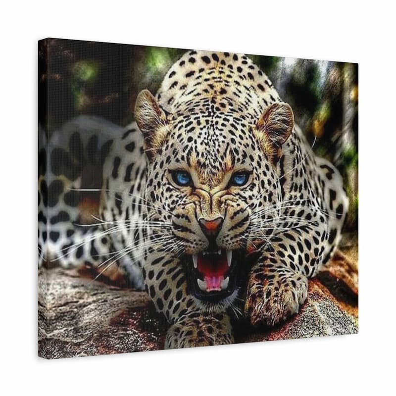A rectangular wall art print or canvas showing a close-up leopard lying on a rock, photographed against a plain white background. The depicted animal scene is the product itself, so this fits Scenery rather than Lifestyle or Product/Packaging.