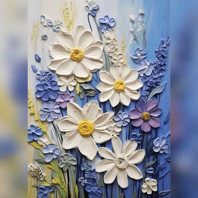 Artwork showcasing white daisies with yellow centers, surrounded by textured blue and purple wildflowers on a soft gradient background.
