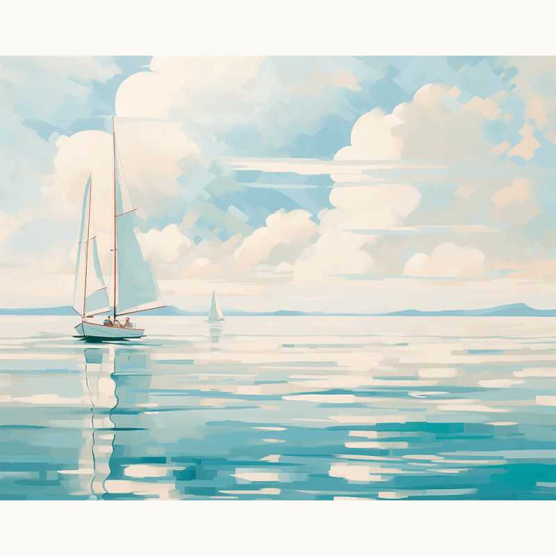 Serene Voyage Paint By Numbers featuring a peaceful sailboat gliding across calm blue waters under a soft, cloudy sky, ideal for Canadian painting enthusiasts.