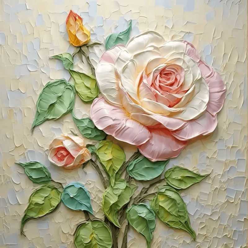 Blushing Rose Charm Paint By Numbers kit featuring a soft pink and cream textured rose with fresh green leaves, perfect for floral art lovers across Canada.