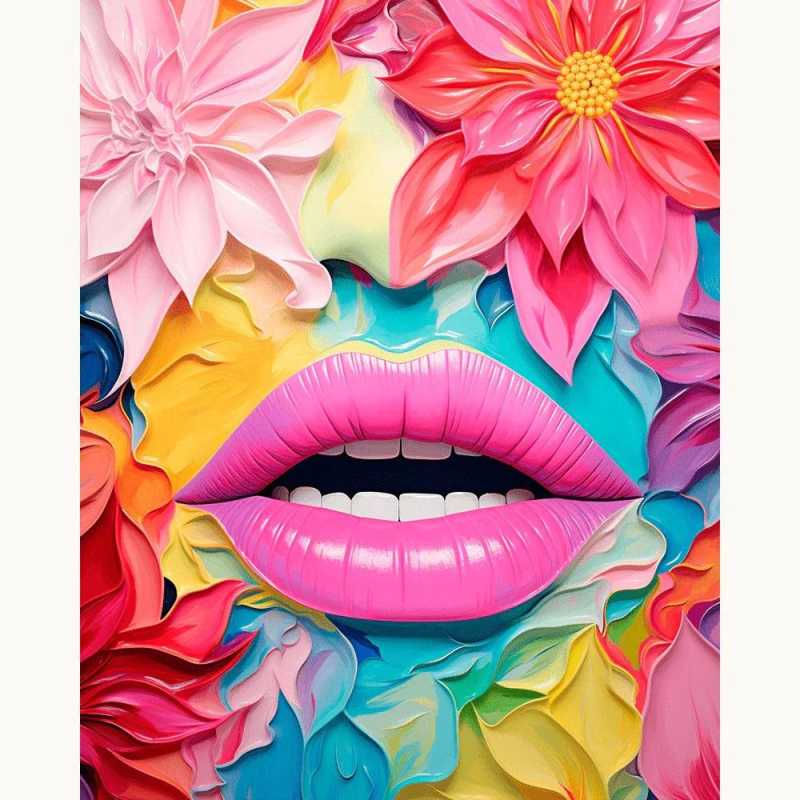 A vibrant pop art painting of bold pink lips with expressive brushstrokes, ideal for adults exploring modern art through a paint by numbers kit in Canada