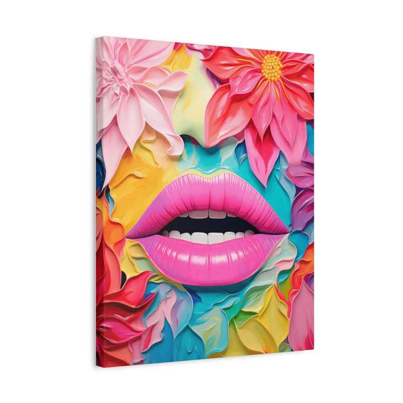 A vibrant pop art painting of bold pink lips with expressive brushstrokes, ideal for adults exploring modern art through a paint by numbers kit in Canada shown in a frame