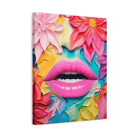 A vibrant pop art painting of bold pink lips with expressive brushstrokes, ideal for adults exploring modern art through a paint by numbers kit in Canada shown in a frame