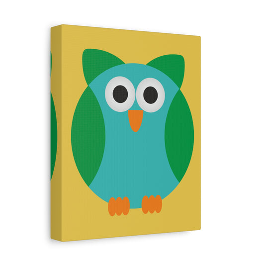 Cartoon-style turquoise owl with green wings and big round eyes on a yellow background in a kids’ paint by numbers design shown in a frame