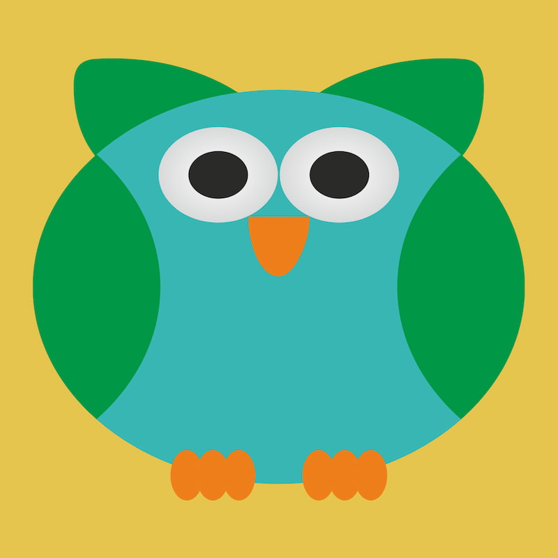 Cartoon-style turquoise owl with green wings and big round eyes on a yellow background in a kids’ paint by numbers design