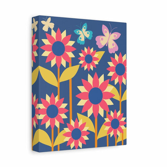 Bright cartoon-style flowers with butterflies on a navy blue background in a kids’ paint by numbers design shown in a frame