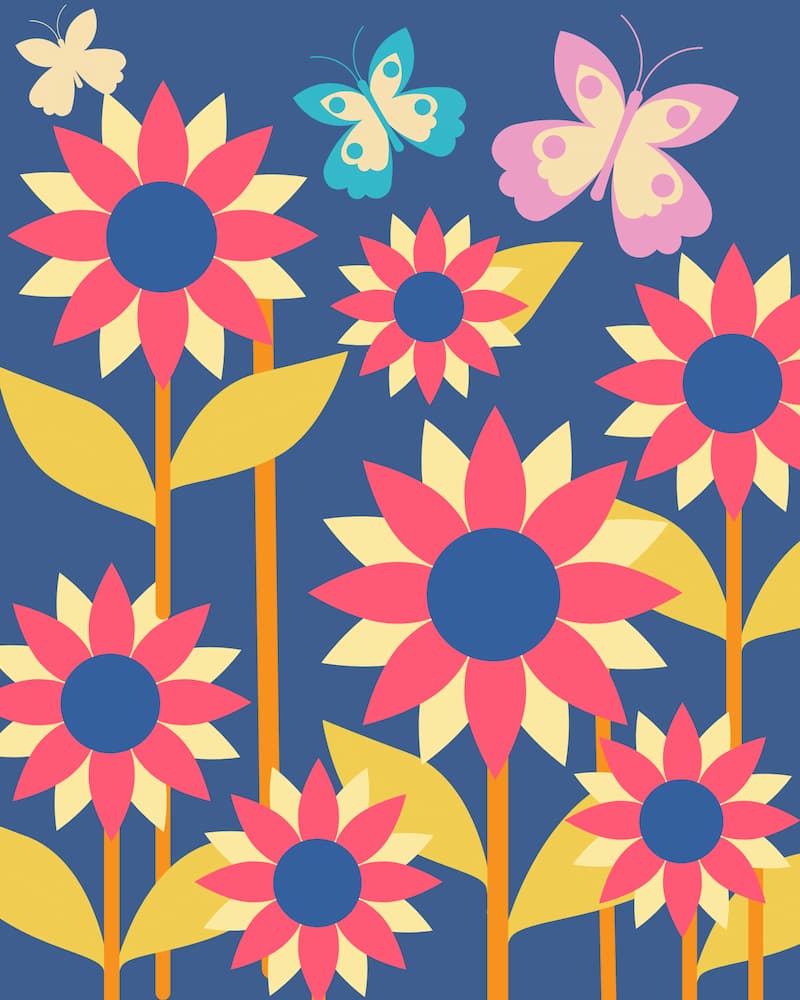 Bright cartoon-style flowers with butterflies on a navy blue background in a kids’ paint by numbers design.