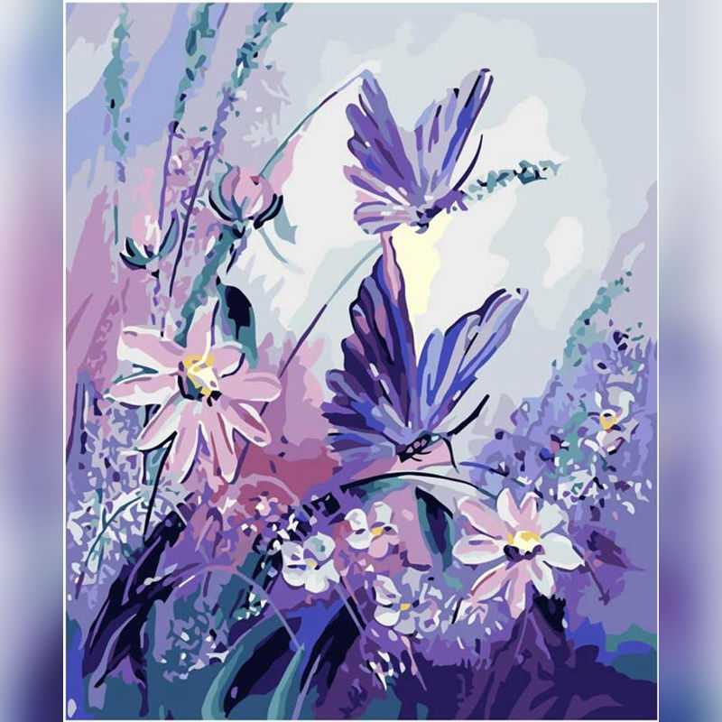 Colorful abstract painting of flowers and butterflies