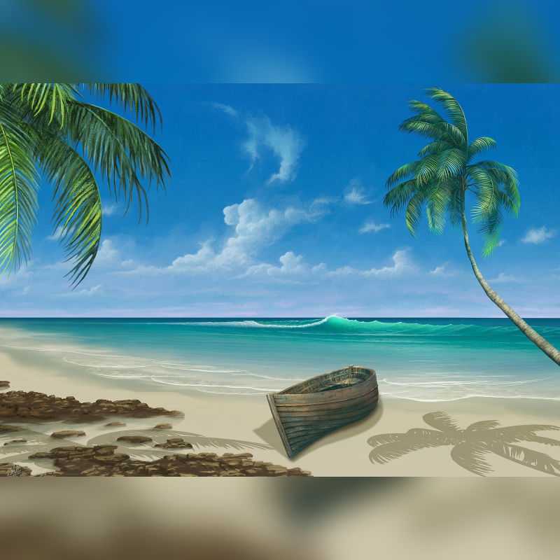 Paint By Numbers artwork of a tranquil beach with gentle waves, palm trees, and a boat on the shore, designed for Canadian relaxation and creativity