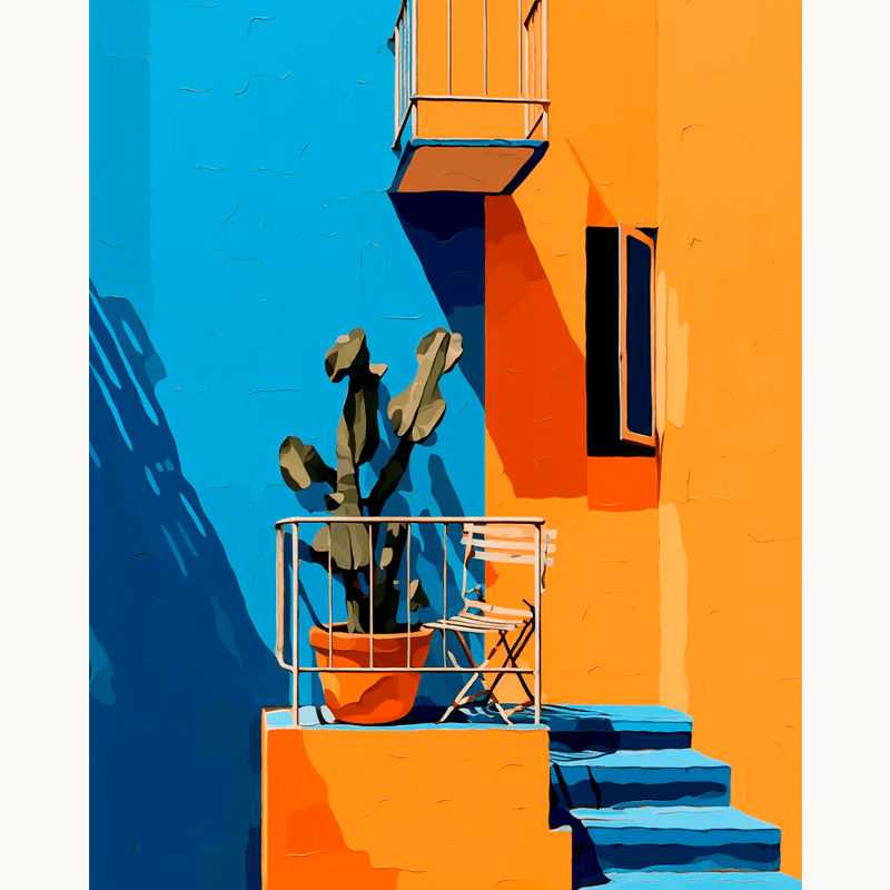 Cactus Corner Paint By Numbers showing a sunlit orange balcony with a green cactus in a pot, blue stairs, and shadows cast on a minimalist wall