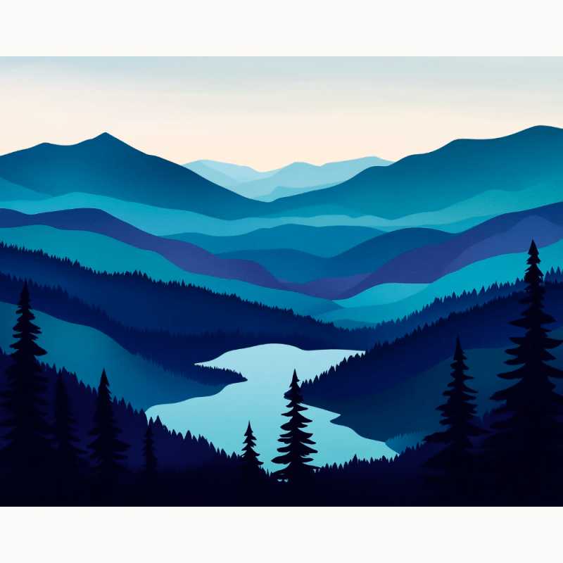 Calm Blue Paint By Numbers artwork showing layered blue mountain ranges, serene forest silhouettes, and a peaceful lake under a clear sky