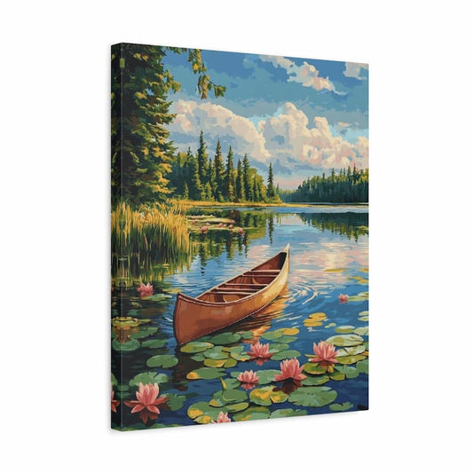 A square canvas wall art print depicting a serene lake scene with a brown canoe, green lily pads, pink water lilies, tall evergreen trees, and a blue sky with white clouds, shown at a slight angle on a white background.