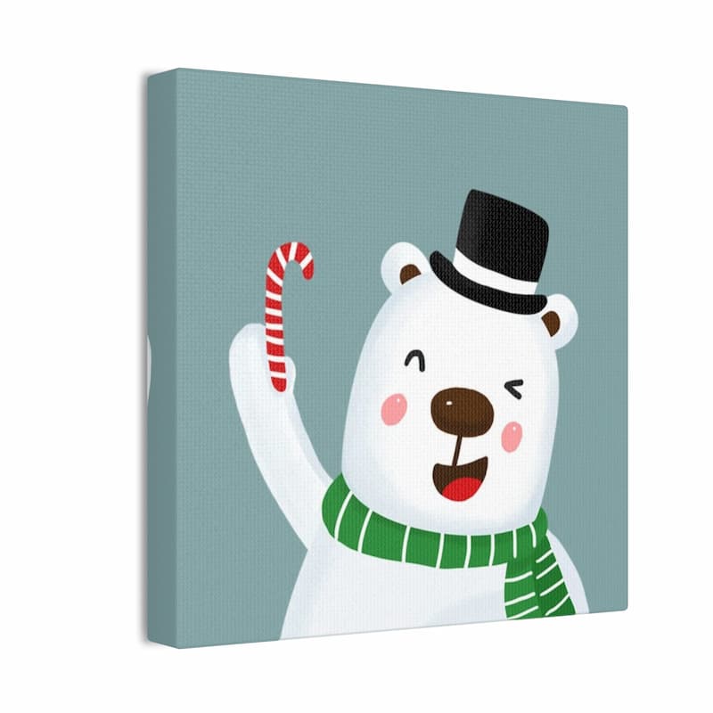 Canvas print of a cartoon polar bear with a candy cane on a light blue background