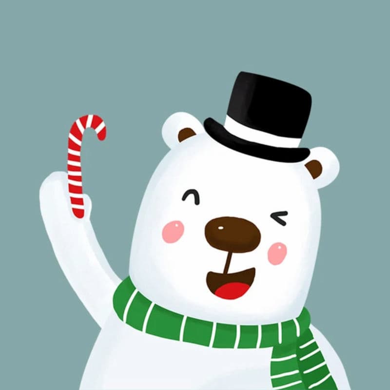 Cartoon polar bear with a top hat and candy cane on a gray background