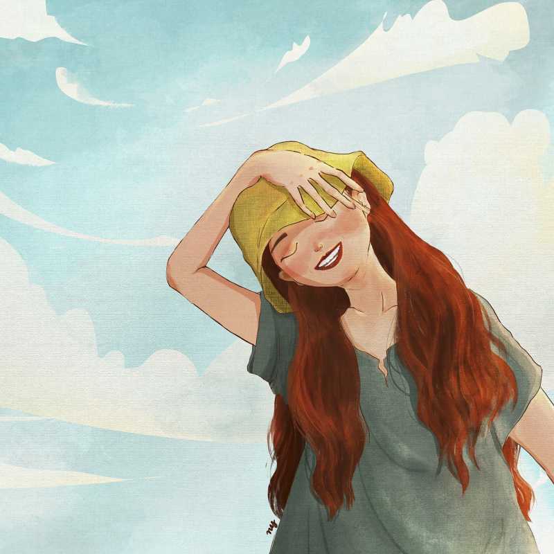 Paint By Numbers artwork of a cheerful young woman in a yellow hat smiling joyfully under a soft blue sky with light clouds, a lighthearted and relaxing design.