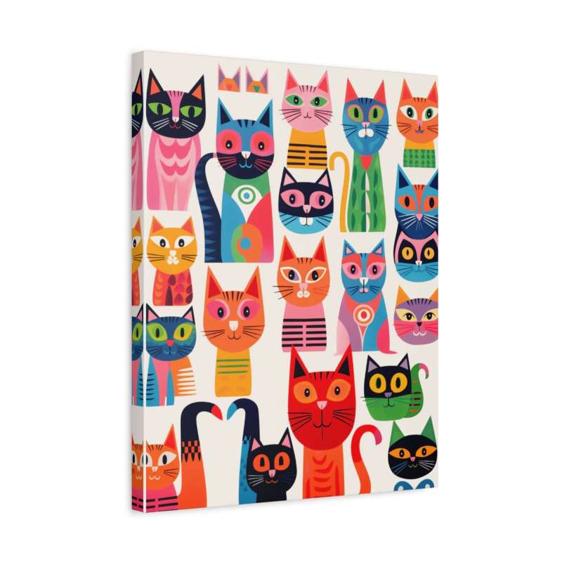 Cats and Moods Paint By Numbers Kit featuring colorful cats with playful expressions and bold geometric patterns shown in a frame