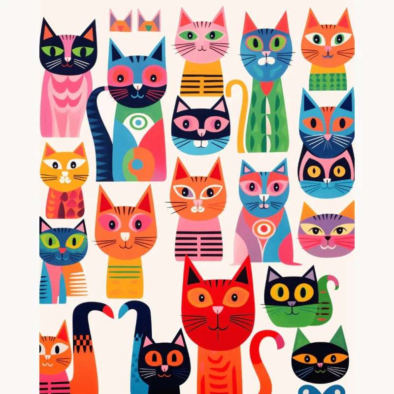 Cats and Moods Paint By Numbers Kit featuring colorful cats with playful expressions and bold geometric patterns
