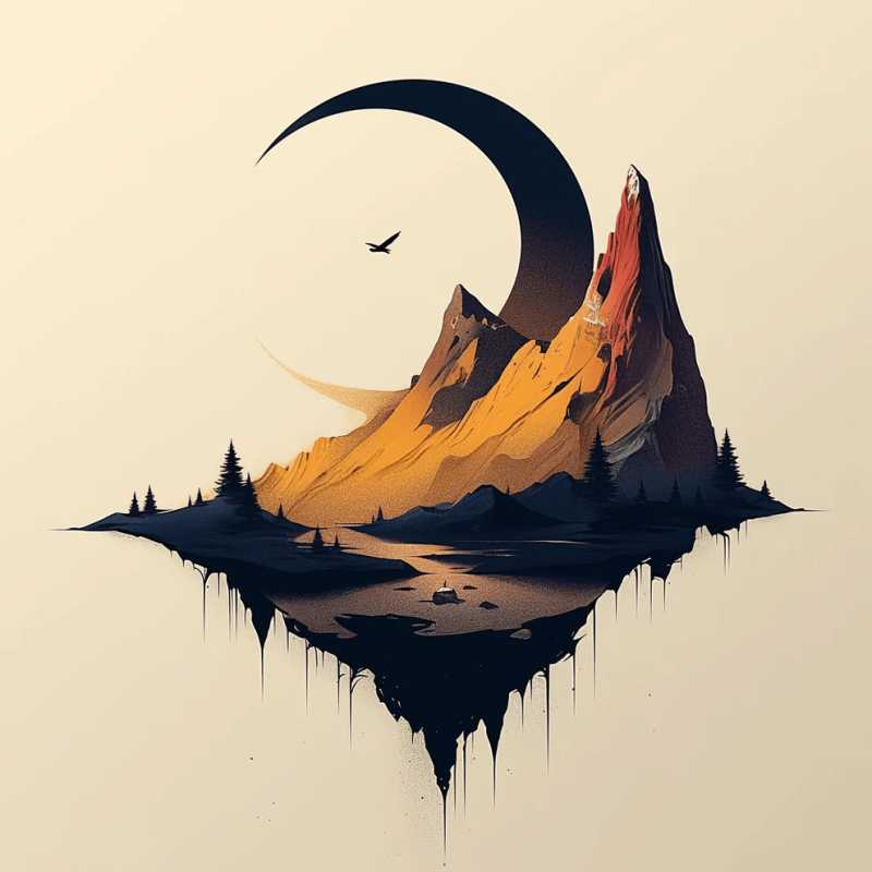 Surreal golden mountain with sharp peaks, crescent moon, pine trees, and floating land design, perfect for paint by numbers artists in Canada