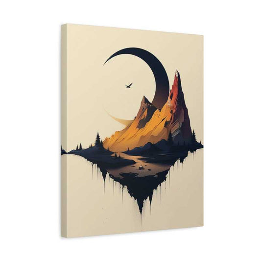 Surreal golden mountain with sharp peaks, crescent moon, pine trees, and floating land design, perfect for paint by numbers artists in Canada in a frame