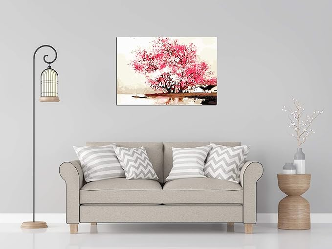 Cherry Blossoms Tree paint by numbers painting hanging on a wall in a room above sofa