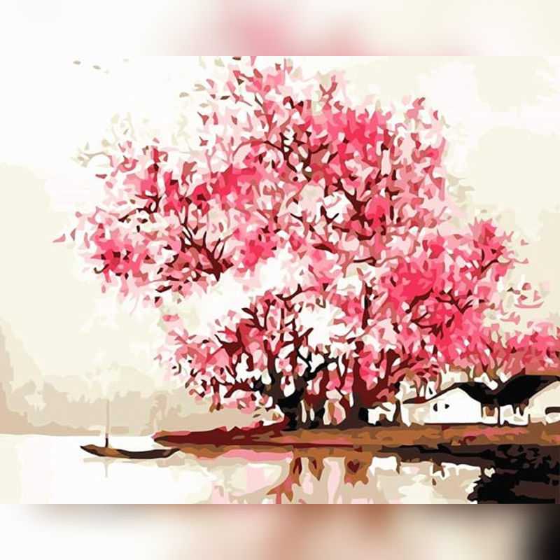 Painting of a cherry blossom tree with pink flowers and a small house in the background.