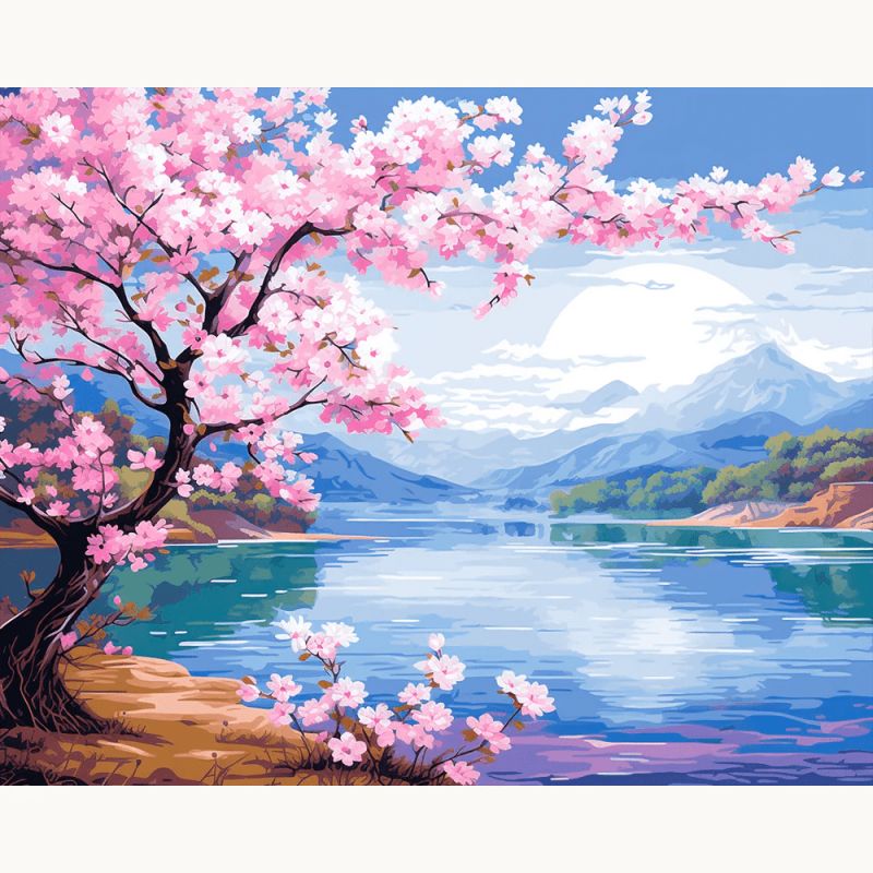 Cherry blossom Paint By Numbers scene with tranquil lake, snow-capped mountain, and soft spring sunlight, nature-inspired painting for Canada.