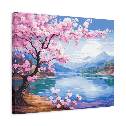 Cherry blossom Paint By Numbers scene with tranquil lake, snow-capped mountain, and soft spring sunlight, nature-inspired painting for Canada shown in a frame