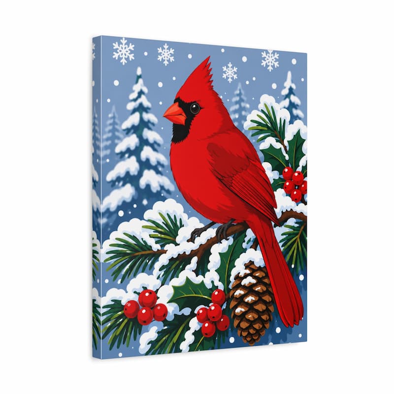 A square canvas wall art print featuring a bright red cardinal perched on a snowy pine branch with holly leaves, red berries, a pinecone, and a blue winter sky with snowflakes.
