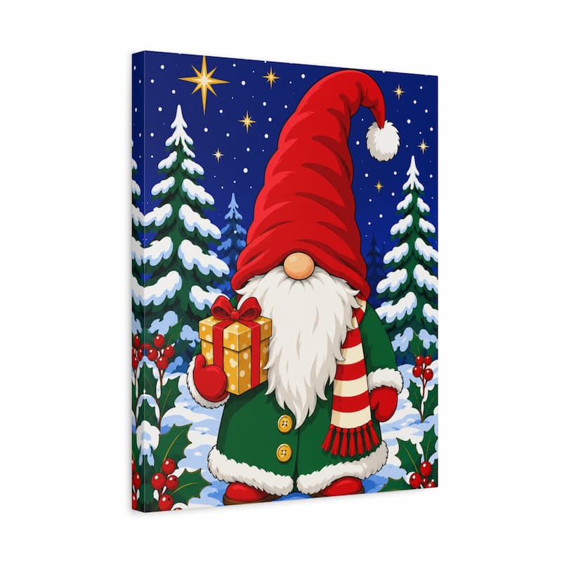 A square canvas wall art print featuring a festive Christmas gnome in a snowy night scene. The gnome wears a red hat and green coat and holds a wrapped gift, with snow-covered evergreen trees, a blue starry sky, and red berries in the background.