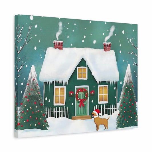 Snowy green cottage decorated for Christmas with glowing windows, wreaths, two ornamented trees, falling snow, and a dog wearing a Santa hat standing in front shown in a frame.