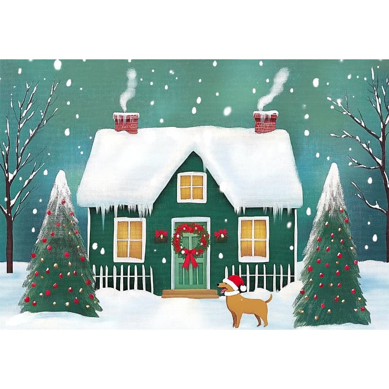 Snowy green cottage decorated for Christmas with glowing windows, wreaths, two ornamented trees, falling snow, and a dog wearing a Santa hat standing in front.