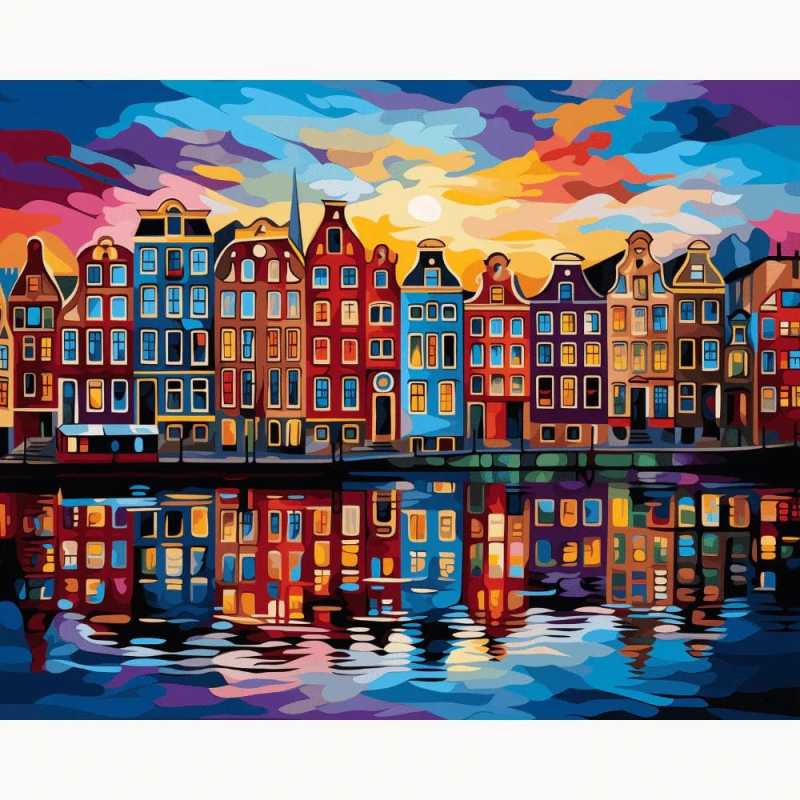 City in Color Paint By Numbers Kit featuring a colorful row of abstract buildings with reflections in water and a dramatic, vivid sunset sky