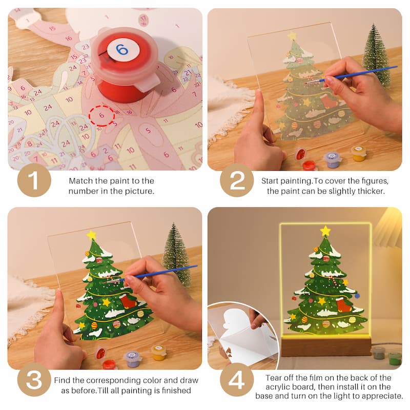A four-step instructional collage showing how to use a Christmas tree painting kit. Step 1 shows matching paint colors to numbers on a chart.