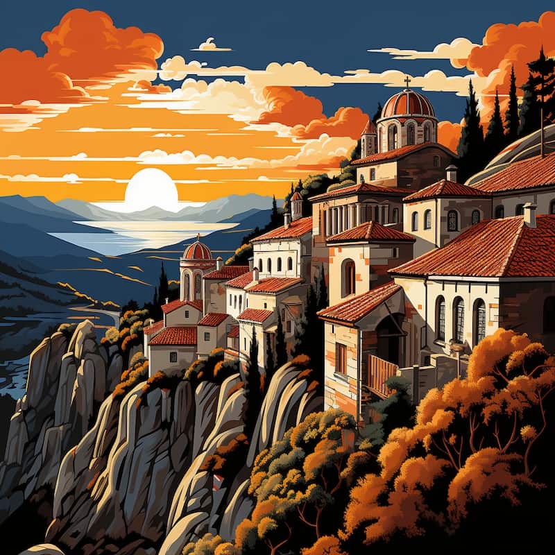 Paint by numbers artwork of a monastery with terracotta rooftops on a clifftop at sunset, overlooking mountains and sea