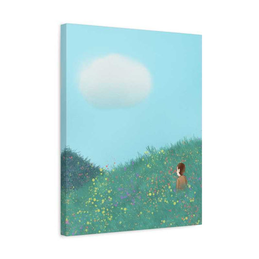 Paint By Numbers artwork of a quiet figure standing in a wildflower-filled meadow under a soft blue sky with a single fluffy white cloud, peaceful and minimal shown in a frame.