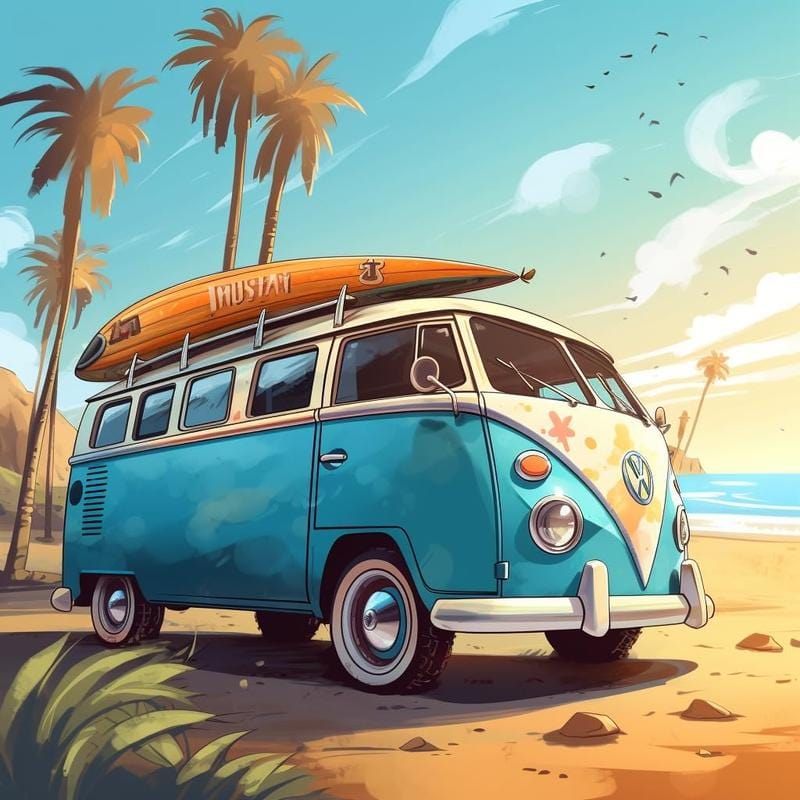 Coastal Adventure Paint By Numbers painting showcasing a vibrant beach scene with a classic Volkswagen van, surfboard, palm trees, and gentle waves.