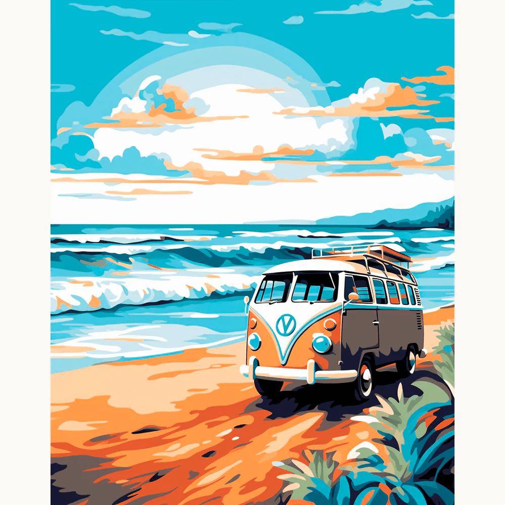 Coastal Escape Ride Paint By Numbers featuring a classic orange and blue van parked by the beach with crashing waves and a scenic blue sky.