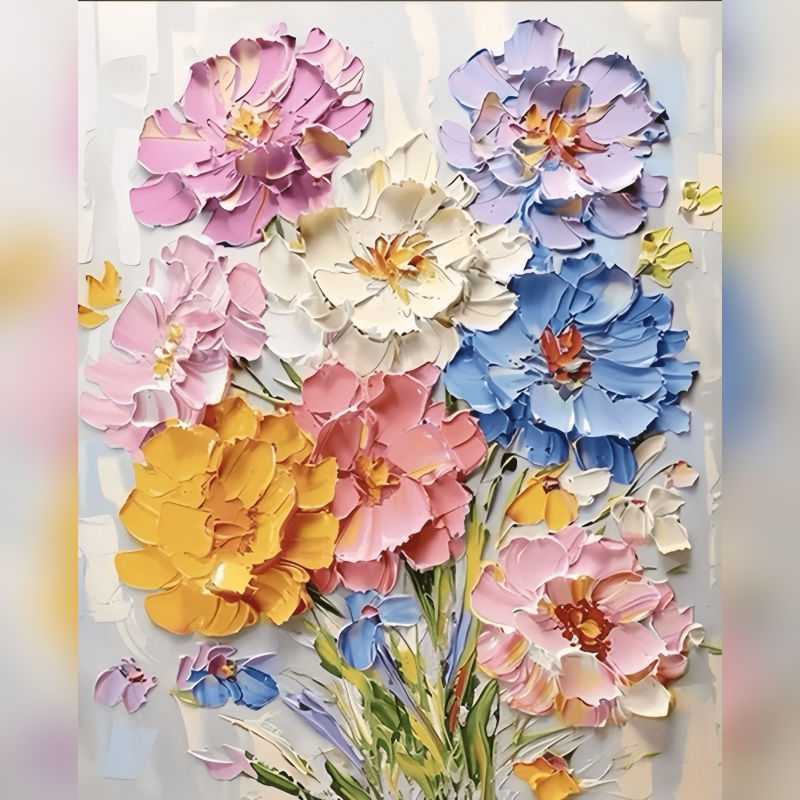 Color Bloom Sonata Paint By Numbers kit featuring bold pink, yellow, white, blue, and purple textured flowers blooming in a lively pastel bouquet, perfect for Canadian artists.