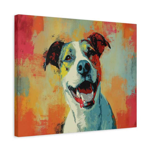 Paint By Numbers artwork of a bold-looking dog with a confident expression, painted in vivid colours and abstract strokes, perfect for Canadian art enthusiasts shown in a frame