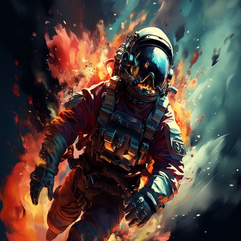 Paint by numbers artwork of a lone astronaut in a burning suit surrounded by fire and smoke, symbolizing courage, resilience, and cosmic adventure