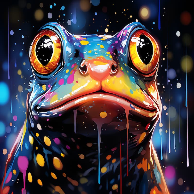 Paint by numbers artwork of a neon cosmic frog with glowing orange eyes, dripping bright paint splashes in surreal galactic colors
