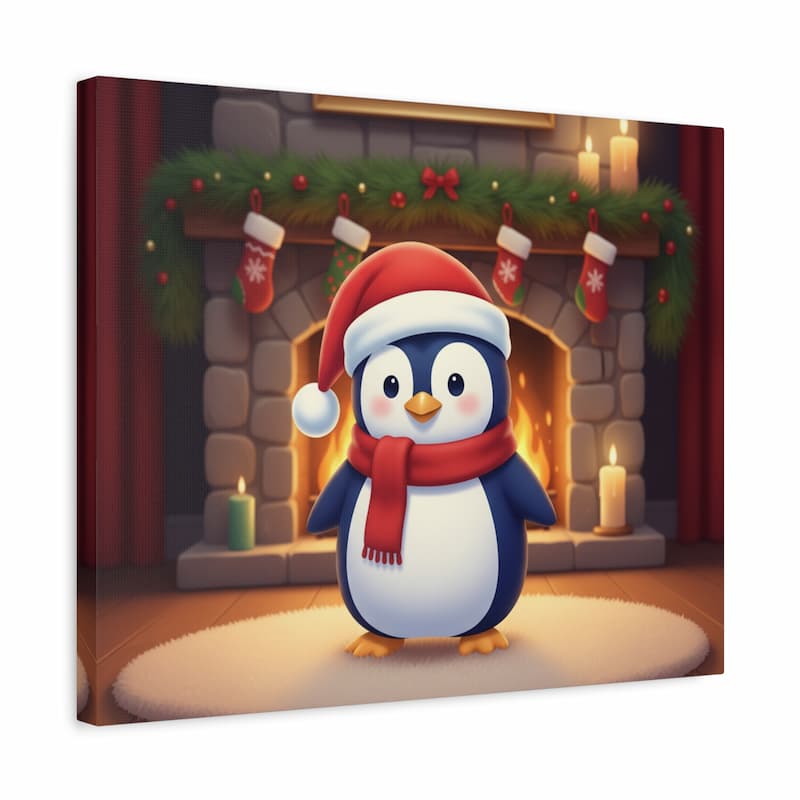 Cartoon penguin wearing a Santa hat and scarf in front of a fireplace with Christmas stockings.