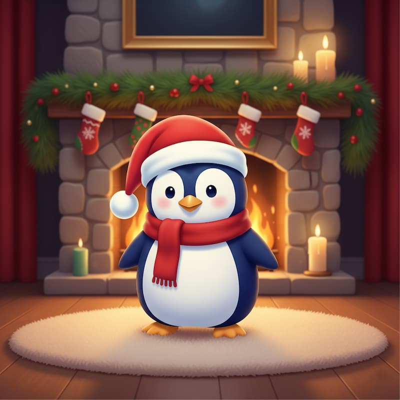 Cartoon penguin wearing a Santa hat and scarf in front of a fireplace with stockings and candles.