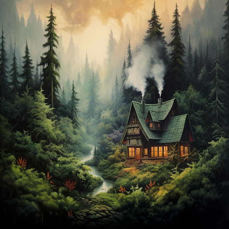 Paint by numbers kit of a glowing cabin in a misty evergreen forest with smoke rising from the chimneys
