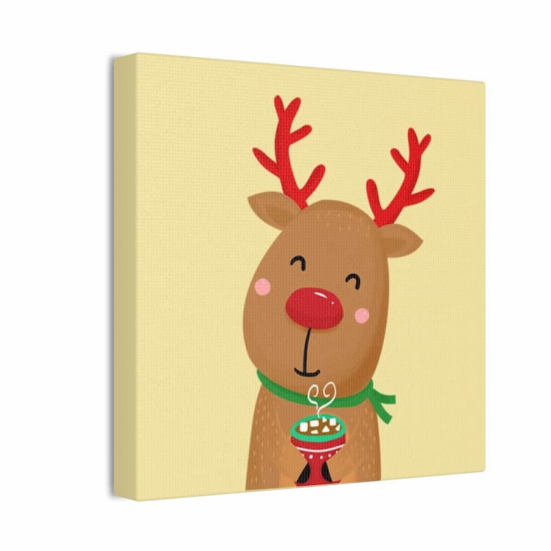 Canvas print of a cartoon reindeer holding a bowl of popcorn on a beige background